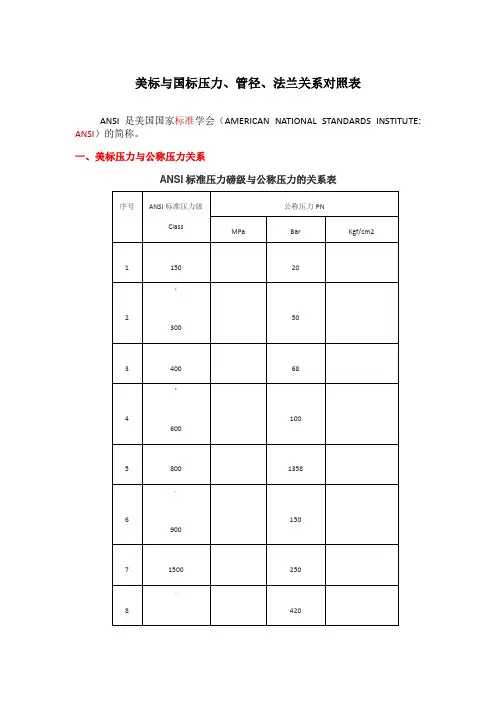 美标与国标压力、管径、法兰关系对照表