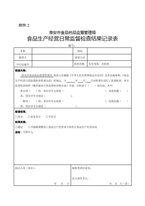 食品生产经营日常监督检查结果记录表
