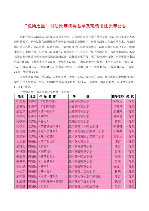 “悦读之星”书法比赛获奖名单及现场书法比赛公告