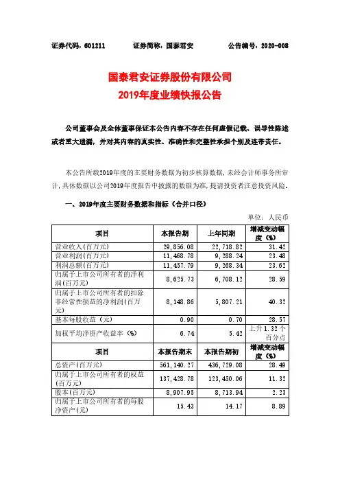 国泰君安：2019年度业绩快报公告