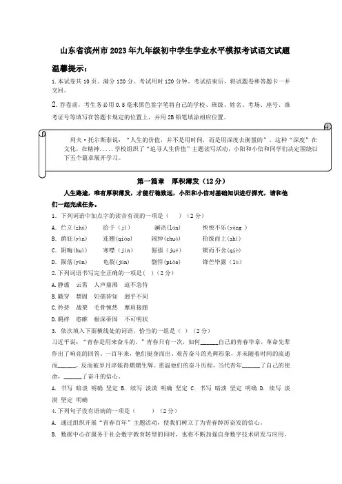 2023年山东省滨州市初中学生学业水平模拟考试语文试题(含答案)