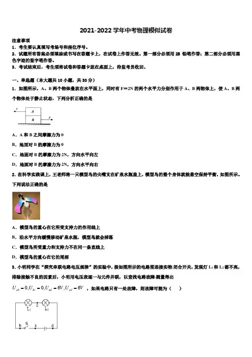 扬州树人学校2021-2022学年中考物理模拟精编试卷含解析