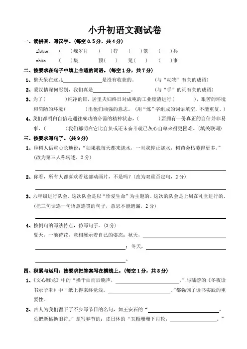 语文小升初测试题及答案