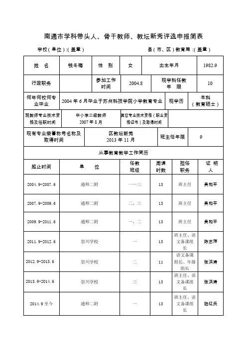 南通市学科带头人、骨干教师、教坛新秀评选申报简表