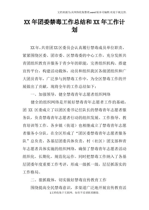 XX年团委禁毒工作总结和XX年工作计划