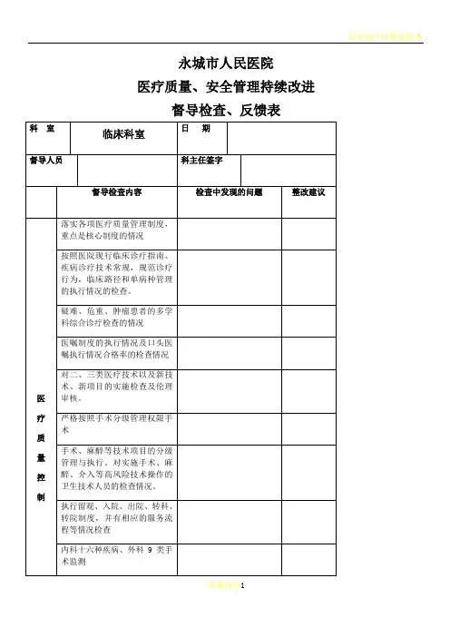 医疗质量、安全管理持续改进督查表