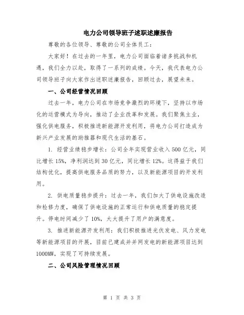 电力公司领导班子述职述廉报告