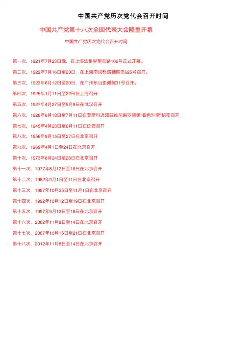 中国共产党历次党代会召开时间
