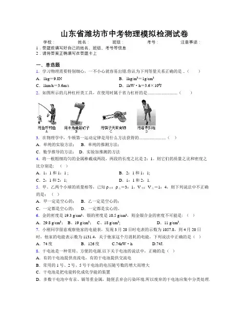 最新山东省潍坊市中考物理模拟检测试卷及解析