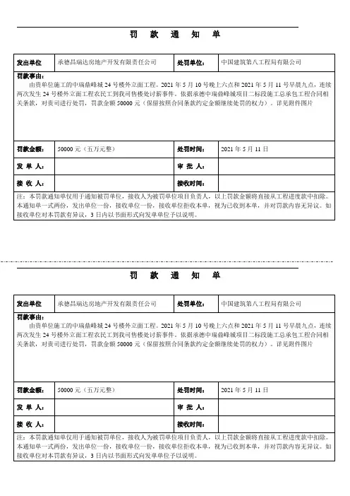 某房地产项目管理文件之罚款单24号楼外墙工人到售楼处讨薪罚款 - 副本 - 副本