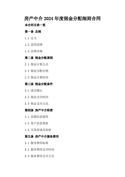房产中介2024年度佣金分配细则合同