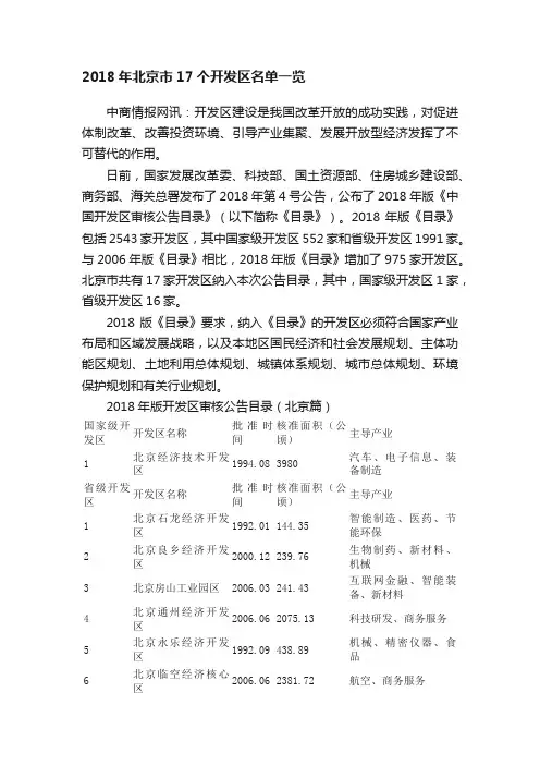 2018年北京市17个开发区名单一览
