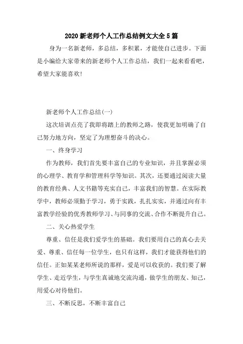 新整理2020新老师个人工作总结例文大全5篇