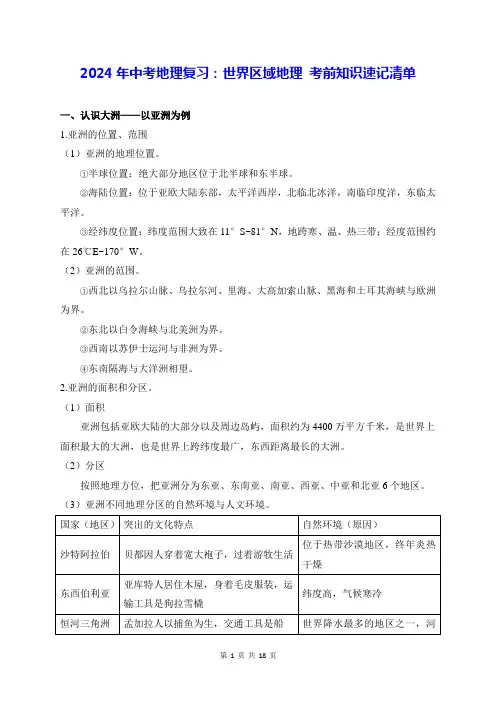 2024年中考地理复习：世界区域地理 考前知识速记清单