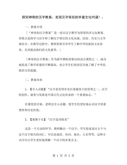 探究神奇的汉字教案：发现汉字背后的丰富文化内涵!