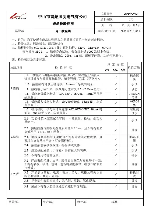 PG-007电工插座类成品检验标准