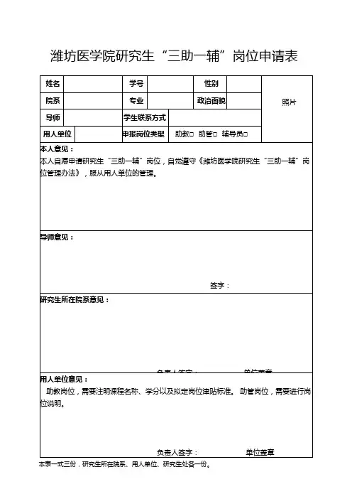 潍坊医学院研究生三助一辅岗位申请表