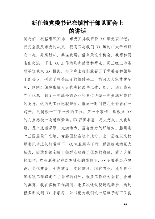 新任镇党委书记在镇村干部见面会上的讲话