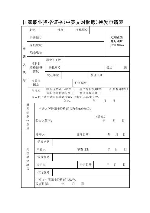国家职业资格证书(中英文对照版)更换申请表