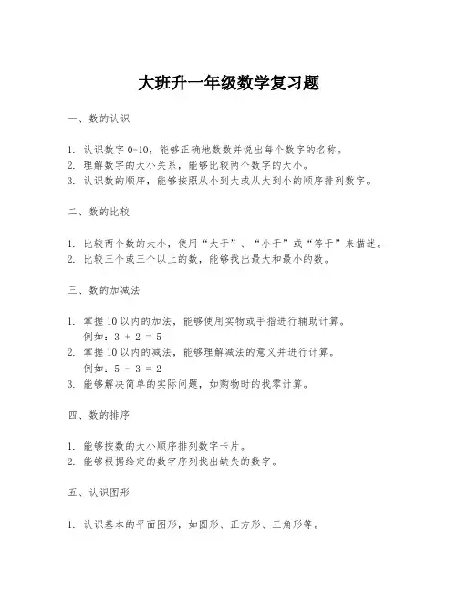 大班升一年级数学复习题