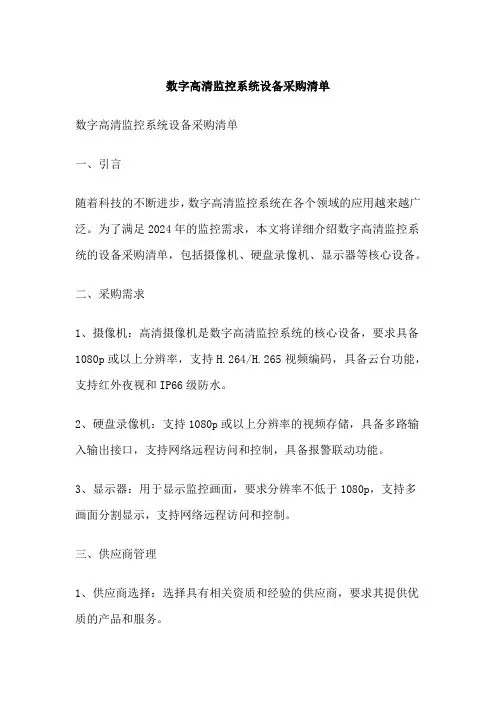 数字高清监控系统设备采购清单