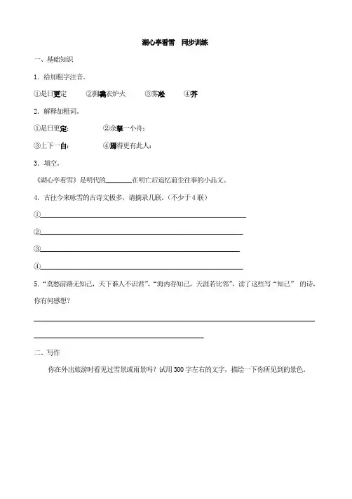 初中语文九年级上册《湖心亭看雪》同步训练习题 附加答案