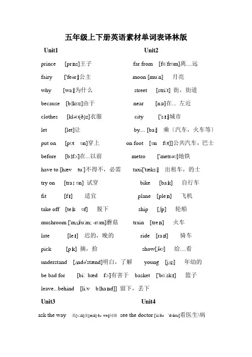 五年级上下册英语素材单词表译林版