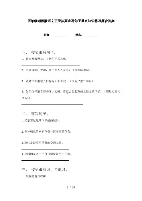 四年级湘教版语文下册按要求写句子重点知识练习题含答案
