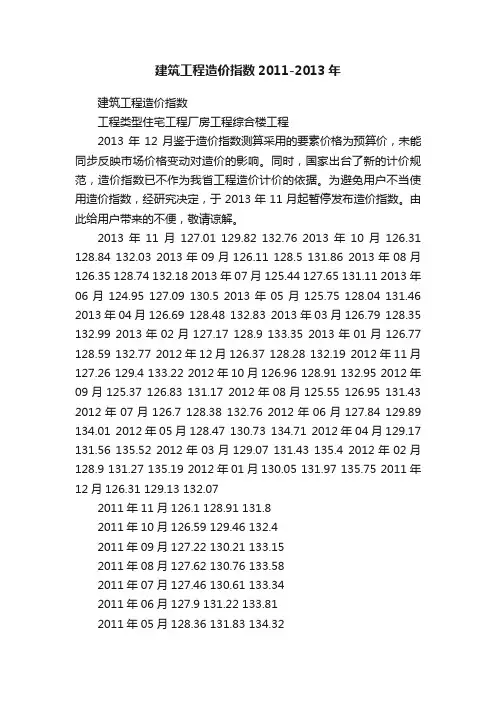 建筑工程造价指数2011-2013年