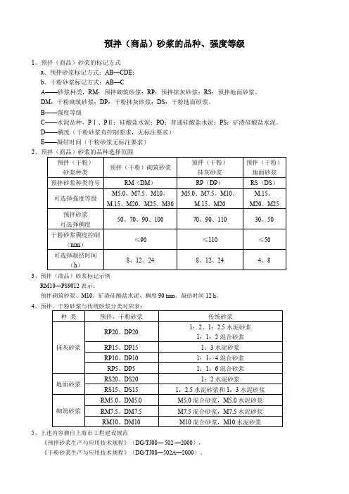 商品砂浆对照表