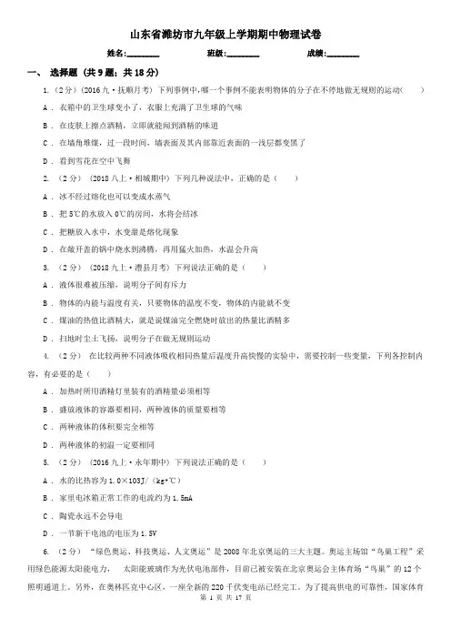 山东省潍坊市九年级上学期期中物理试卷