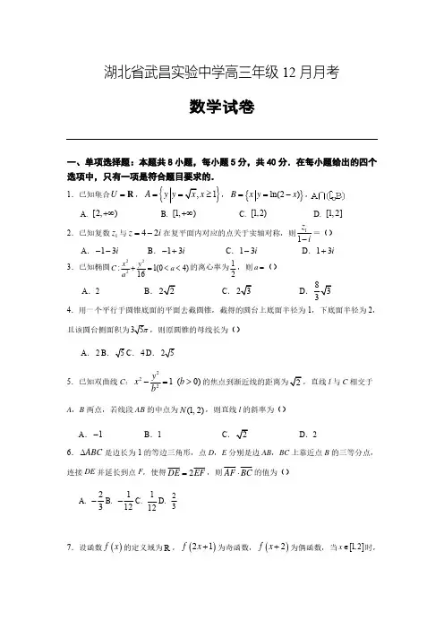 高三试卷数学-湖北省武昌实验中学2024届高三上学期12月月考数学试卷及参考答案