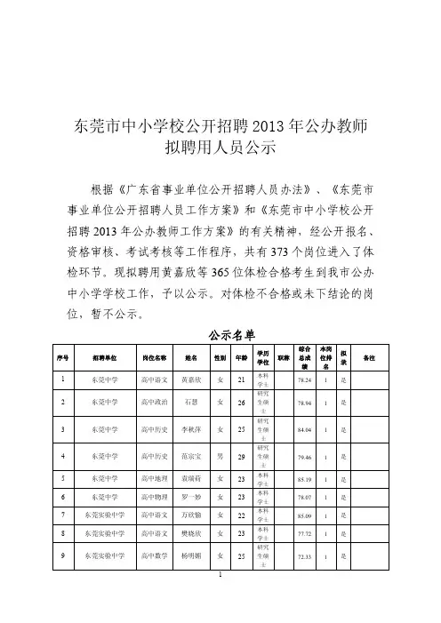 东莞市中小学校公开招聘2013年公办教师 拟聘用人员公示