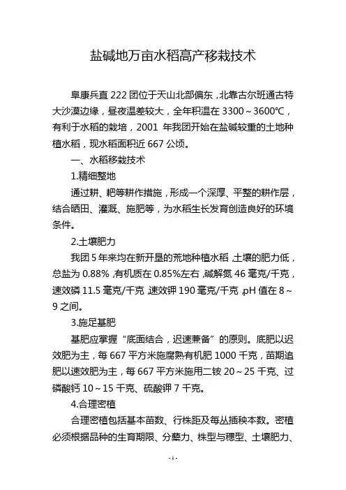 盐碱地万亩水稻高产移栽技术
