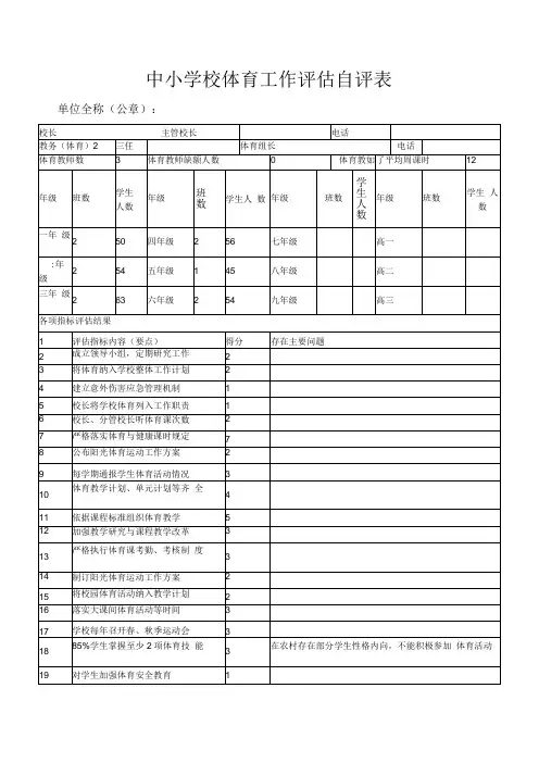 中小学校体育工作评估自评表