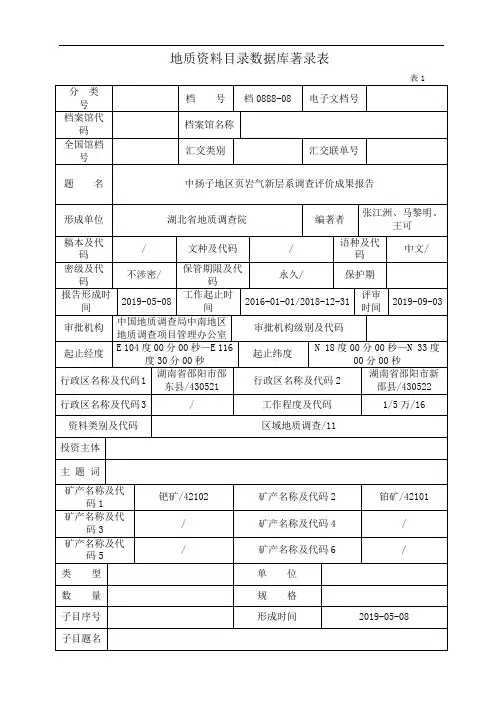 地质资料目录数据库著录表