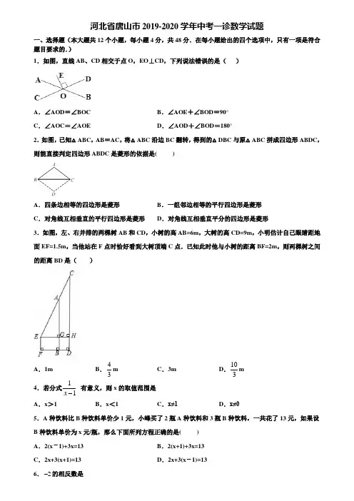 河北省唐山市2019-2020学年中考一诊数学试题含解析