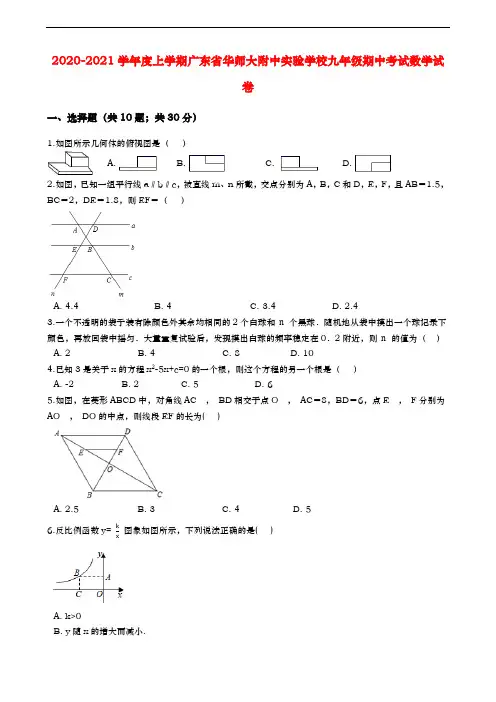 2020-2021学年度上学期广东省华师大附中实验学校九年级期中考试数学试卷(含详解)