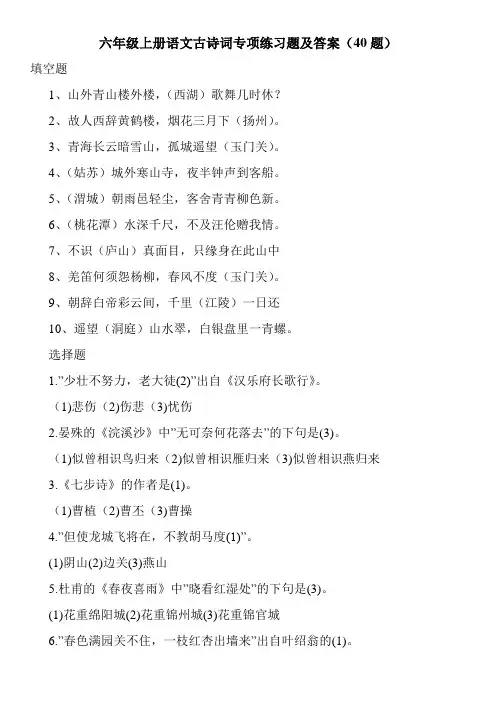 六年级上册语文古诗词专项练习题及答案(40题)