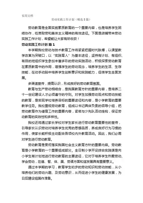 劳动实践工作计划(精选5篇)