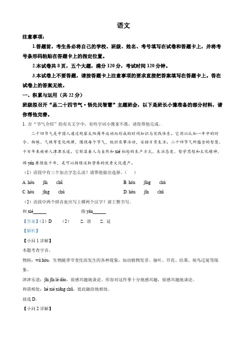 精品解析：2024年河南省新乡市中考一模语文试题(解析版)