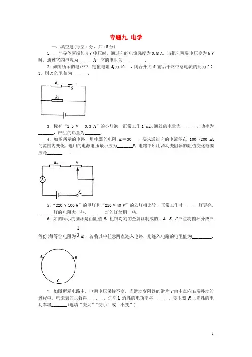 2013届中考物理第一轮专项复习 专题九 电学