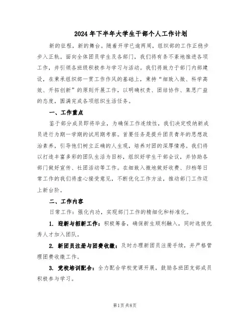 2024年下半年大学生干部个人工作计划（三篇）