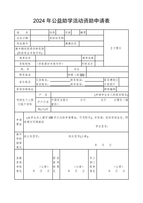 职业教育大学公益助学活动资助申请表