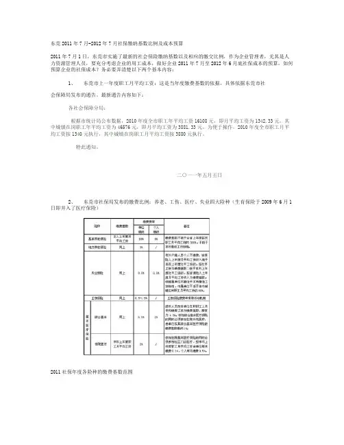东莞2011年7月-2012年7月社保缴纳基数比例及成本预算.