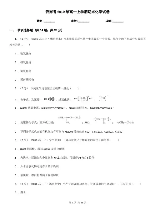 云南省2019年高一上学期期末化学试卷