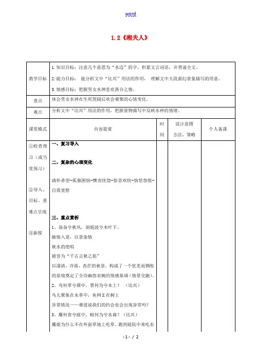 高中语文12湘夫人第二课时教案新人教版选修中国古代诗歌散文欣赏 教案