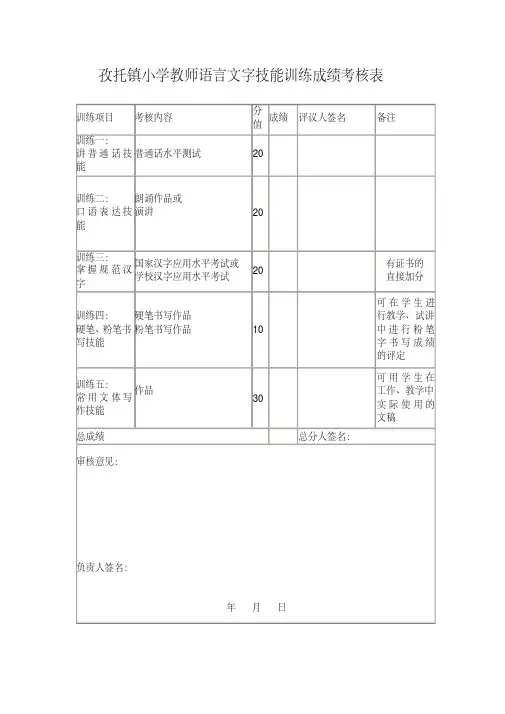 教师语言文字技能训练成绩考核表