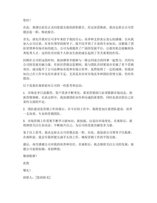 公司营销总监辞职报告范文
