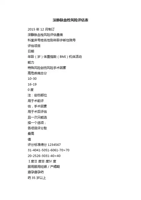 深静脉血栓风险评估表